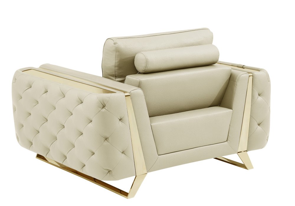 Savoy 50" Beige and Gold Genuine Leather Tufted Club Chair