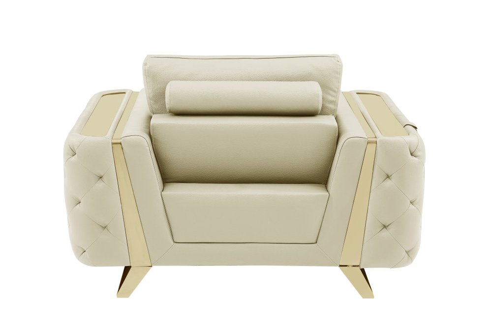Verona 50″ Beige & Gold Genuine Leather Tufted Club Chair with Cushion Back