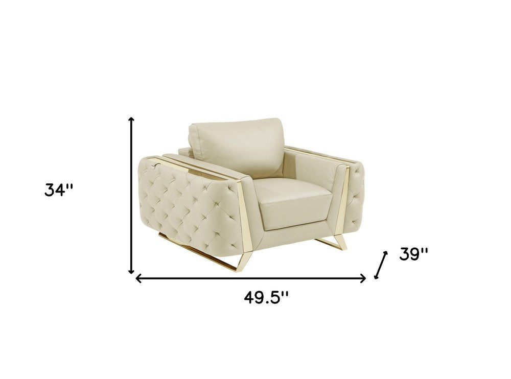 Verona 50″ Beige & Gold Genuine Leather Tufted Club Chair with Cushion Back