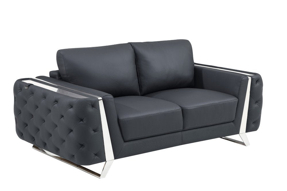 Lucien 72" Dark Gray Genuine Leather Loveseat with Silver Legs