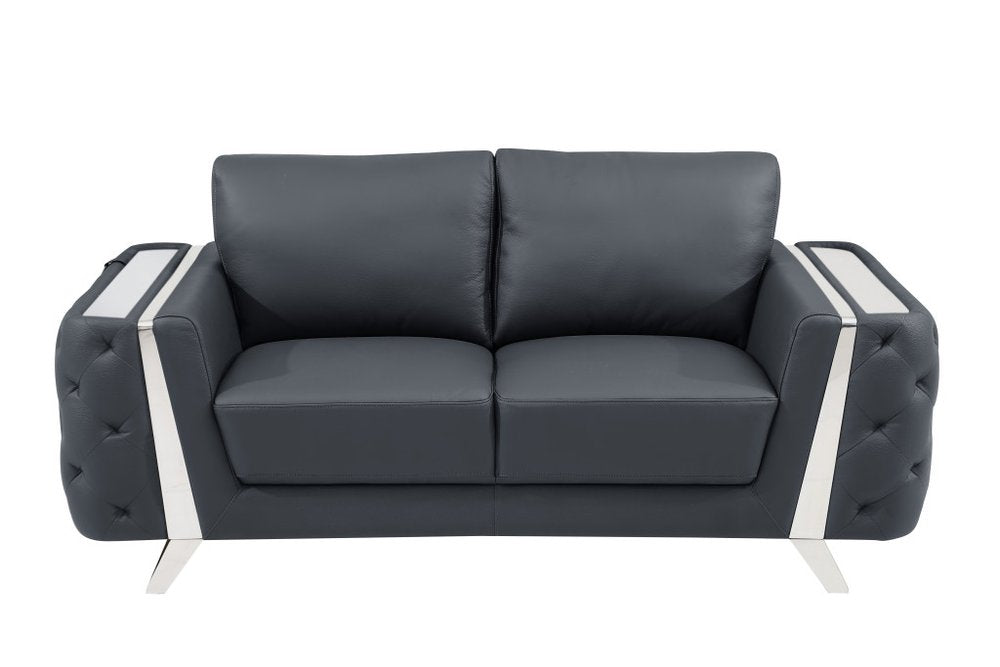 Lucien 72" Dark Gray Genuine Leather Loveseat with Silver Legs