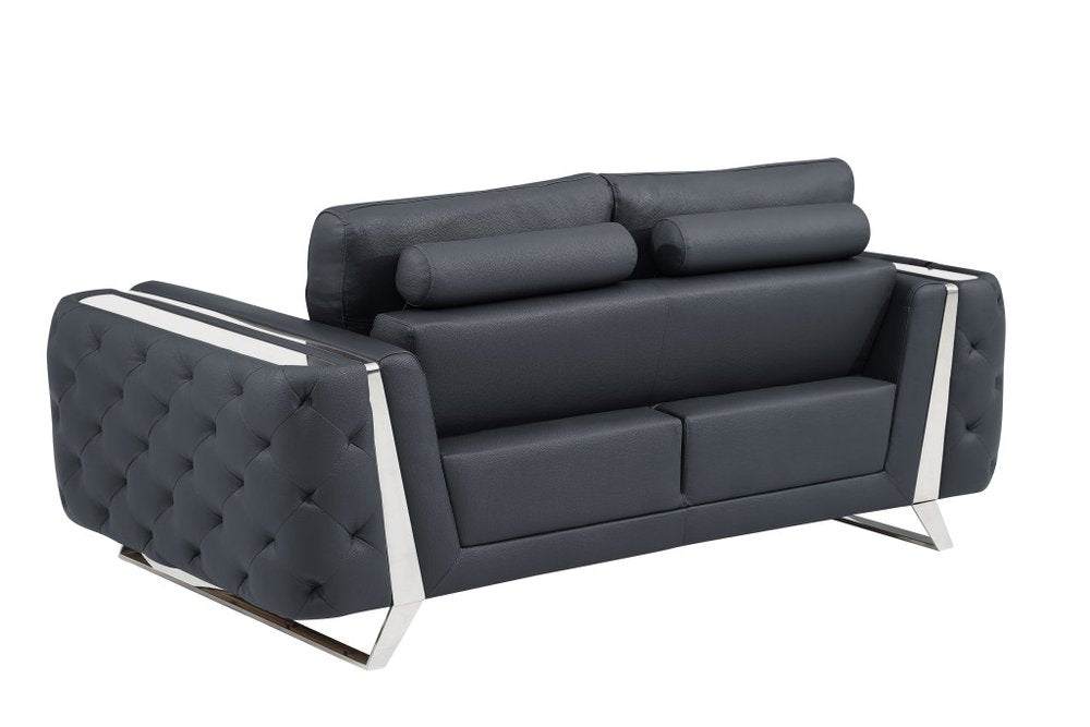 Lucien 72" Dark Gray Genuine Leather Loveseat with Silver Legs