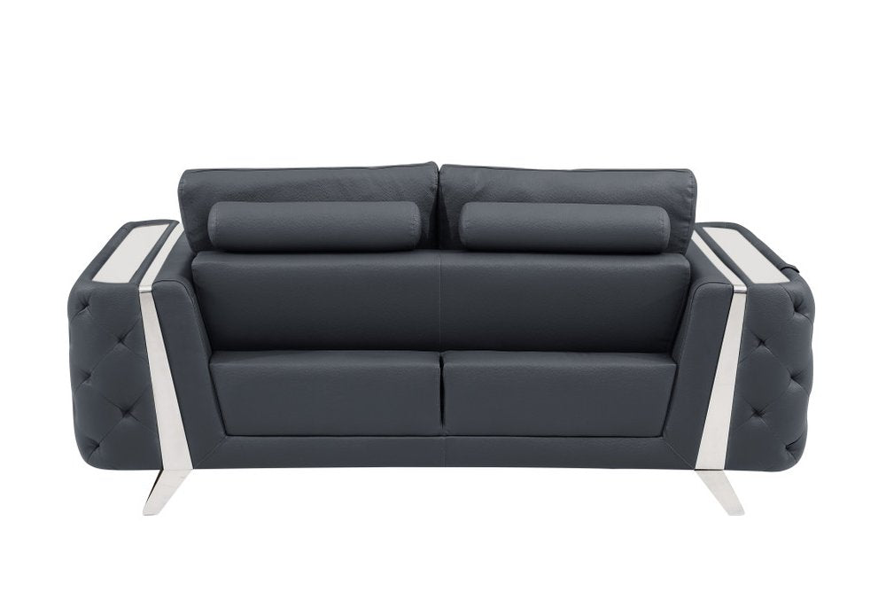 Lucien 72" Dark Gray Genuine Leather Loveseat with Silver Legs