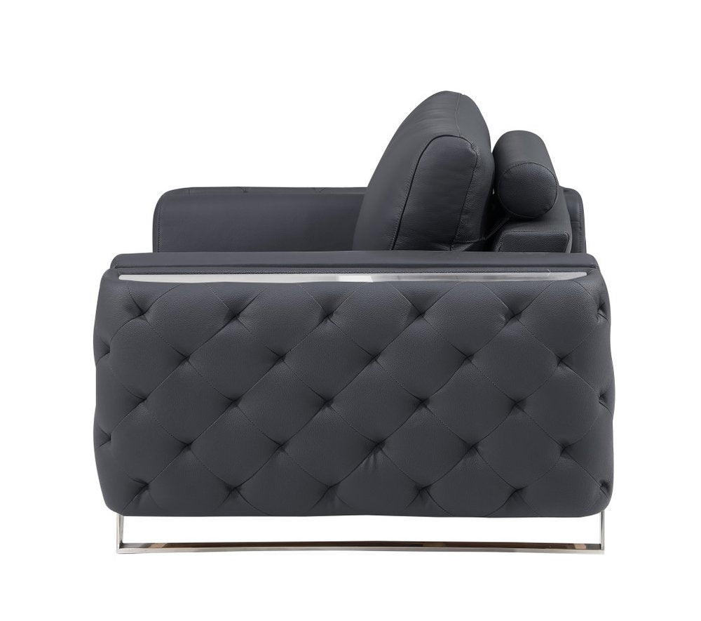 Lucien 72" Dark Gray Genuine Leather Loveseat with Silver Legs
