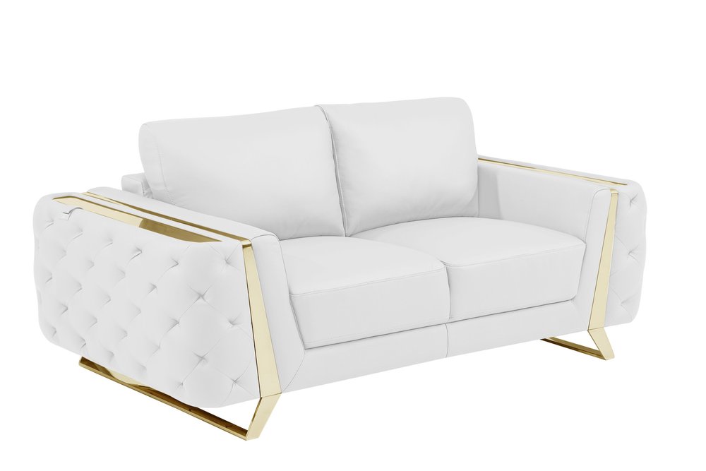 Milan 72″ White & Gold Genuine Leather Loveseat with Square Arms