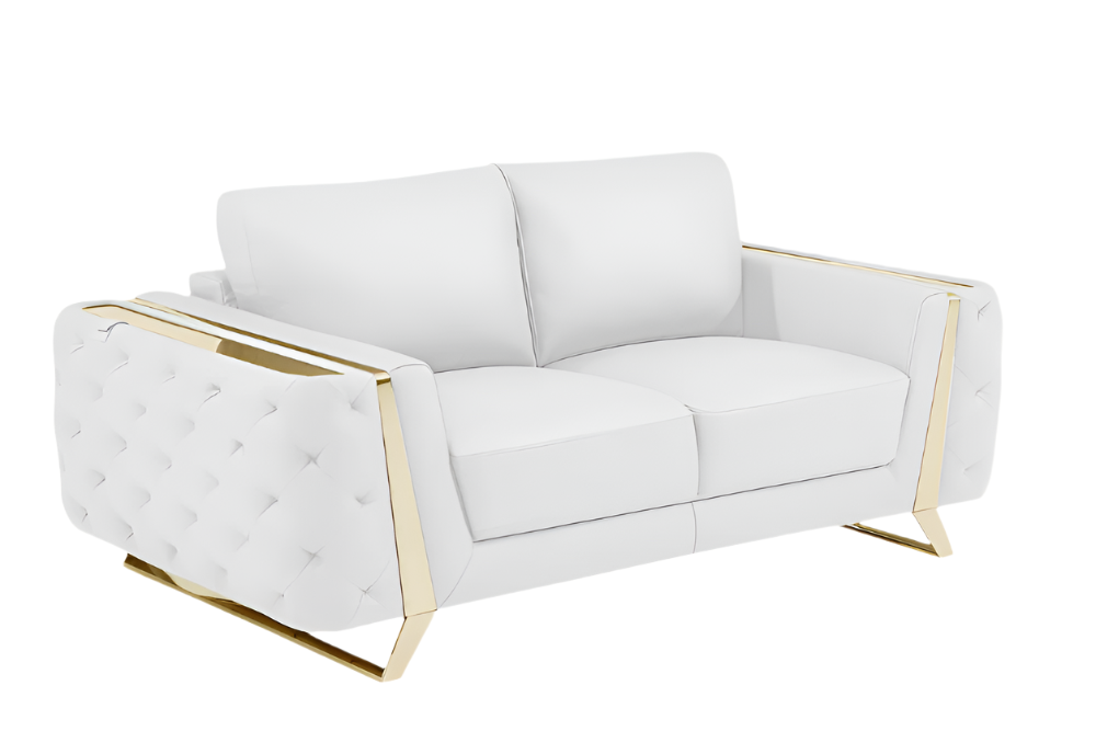 Milan 72″ White & Gold Genuine Leather Loveseat with Square Arms