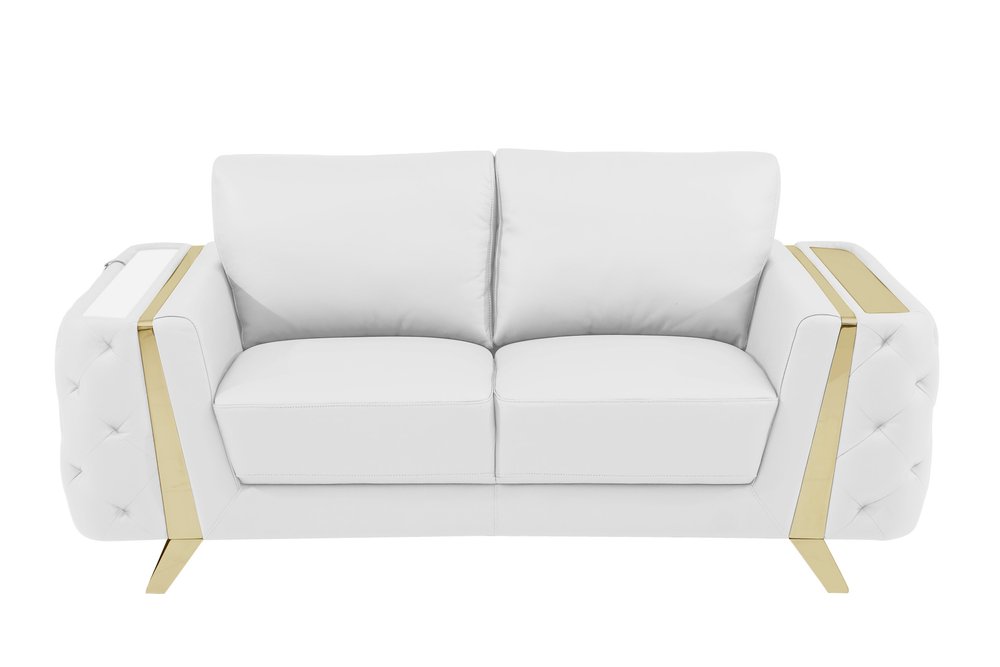 Milan 72″ White & Gold Genuine Leather Loveseat with Square Arms