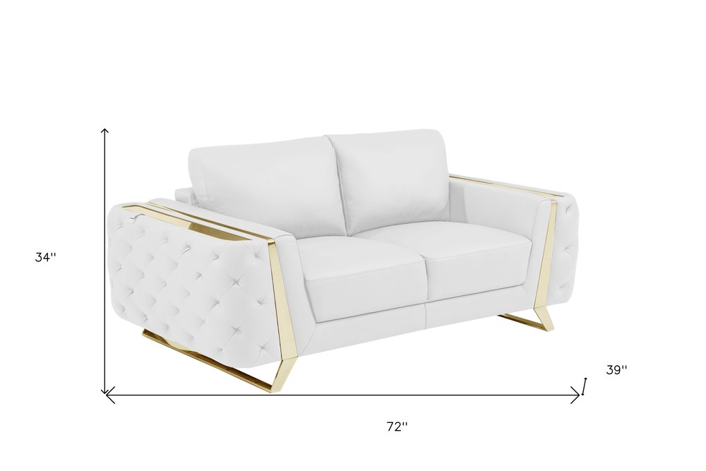 Éloise 72" White Genuine Leather Loveseat with Gold Legs