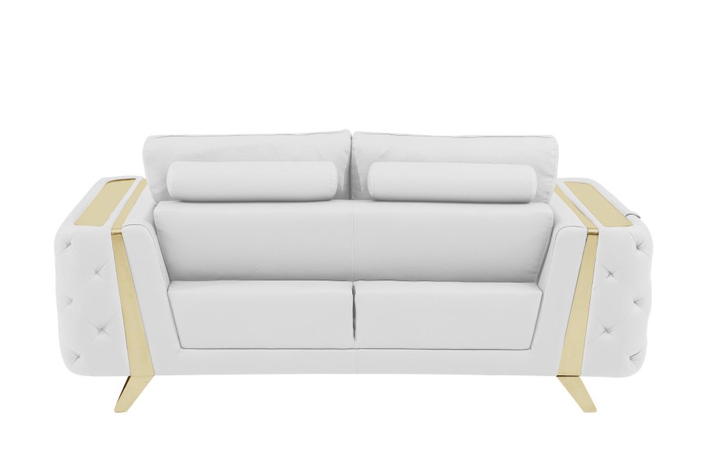 Milan 72″ White & Gold Genuine Leather Loveseat with Square Arms