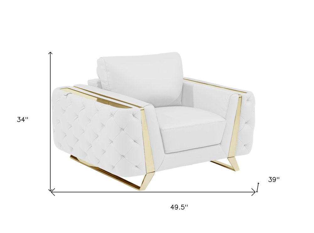 Roma 50″ White & Gold Genuine Leather Club Chair with Cushion Back