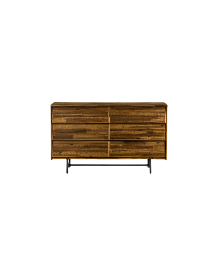 Beaumont 57" Dark Brown Solid Wood and Black Metal Six Drawer Double Dresser