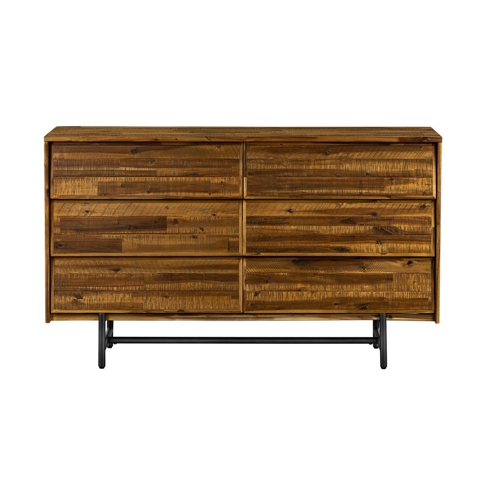 Beaumont 57" Dark Brown Solid Wood and Black Metal Six Drawer Double Dresser