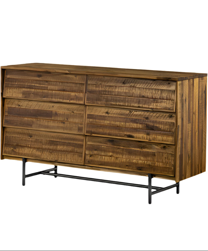 Beaumont 57" Dark Brown Solid Wood and Black Metal Six Drawer Double Dresser