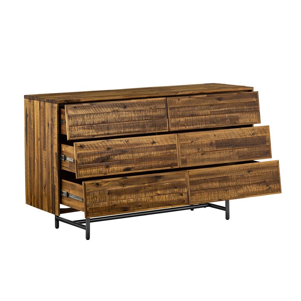 Beaumont 57" Dark Brown Solid Wood and Black Metal Six Drawer Double Dresser