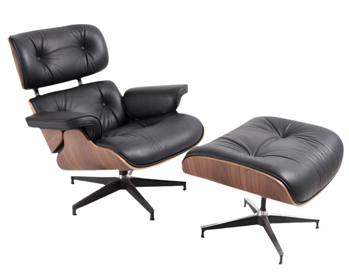 Milano 35" Black Genuine Leather Tufted Swivel Lounge Chair with Ottoman