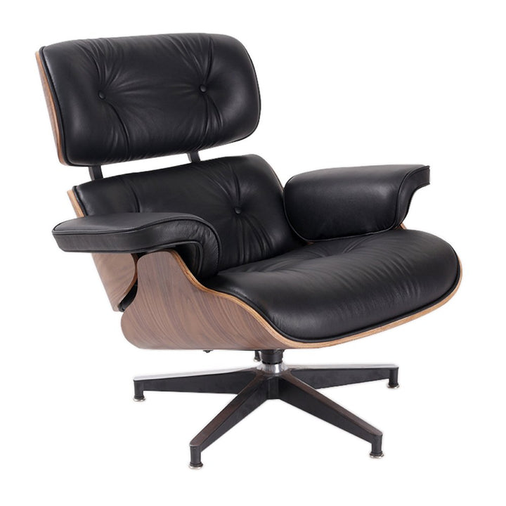 Milano 35" Black Genuine Leather Tufted Swivel Lounge Chair with Ottoman