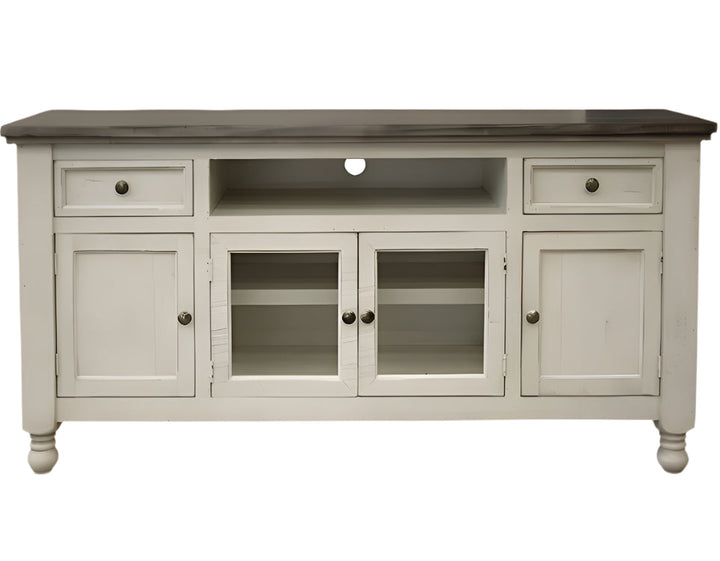60" Ivory Solid Wood Open shelving Distressed TV Stand