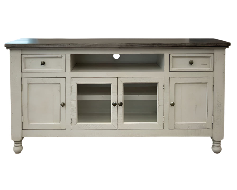 70" Ivory Hand-Finished Solid Pine TV Console with Glass Doors and Open Storage