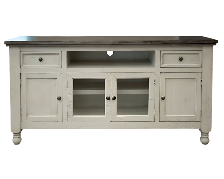 70" Ivory Hand-Finished Solid Pine TV Console with Glass Doors and Open Storage