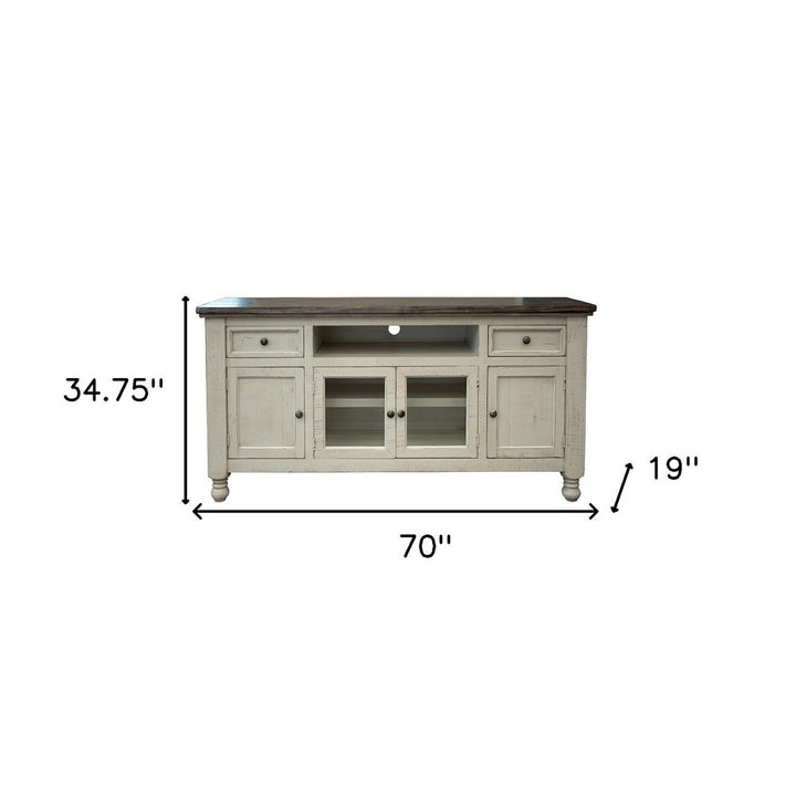 70" Ivory Hand-Finished Solid Pine TV Console with Glass Doors and Open Storage