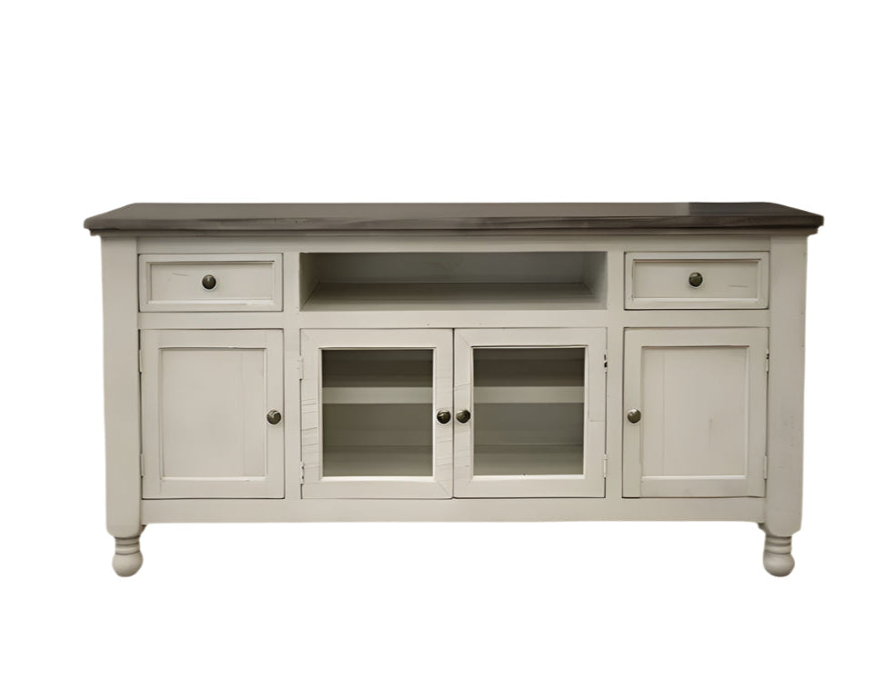 79" Ivory Solid Wood Open shelving Distressed TV Stand