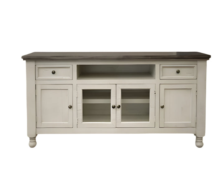79" Ivory Solid Wood Open shelving Distressed TV Stand