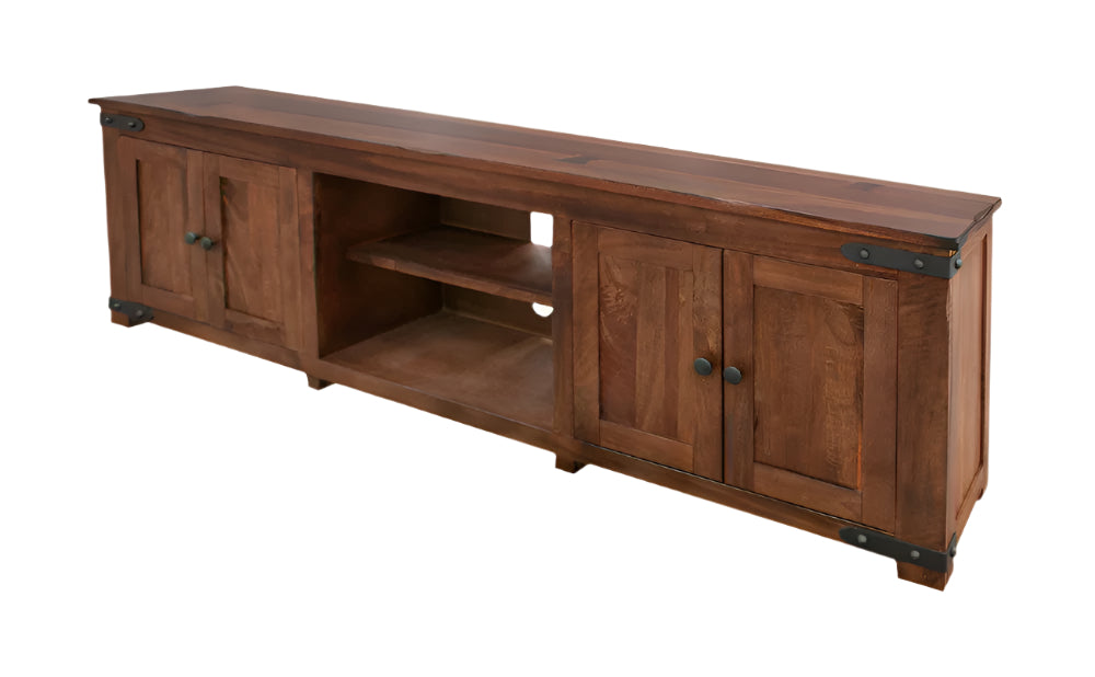 93" Walnut Solid Wood Media Console with Wrought Iron Accents and Natural Finish