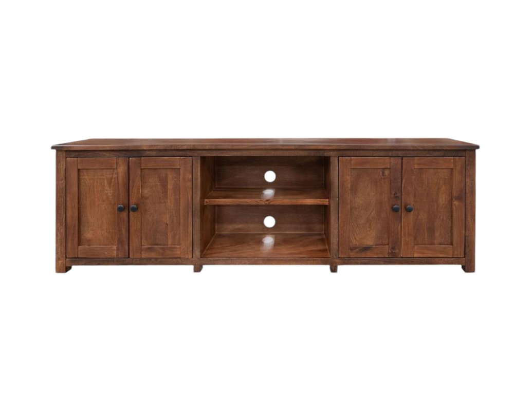 93" Walnut Solid Wood Media Console with Wrought Iron Accents and Natural Finish