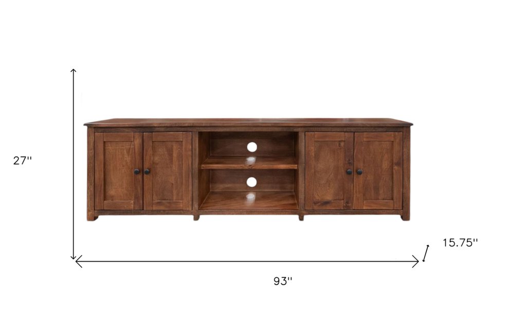 93" Walnut Solid Wood Media Console with Wrought Iron Accents and Natural Finish