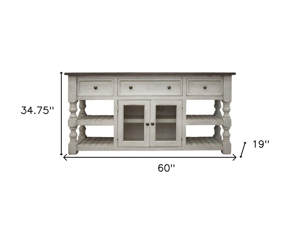 60" Ivory and Weathered Gray Solid Wood TV Console with Open Shelving and Artisan Finish