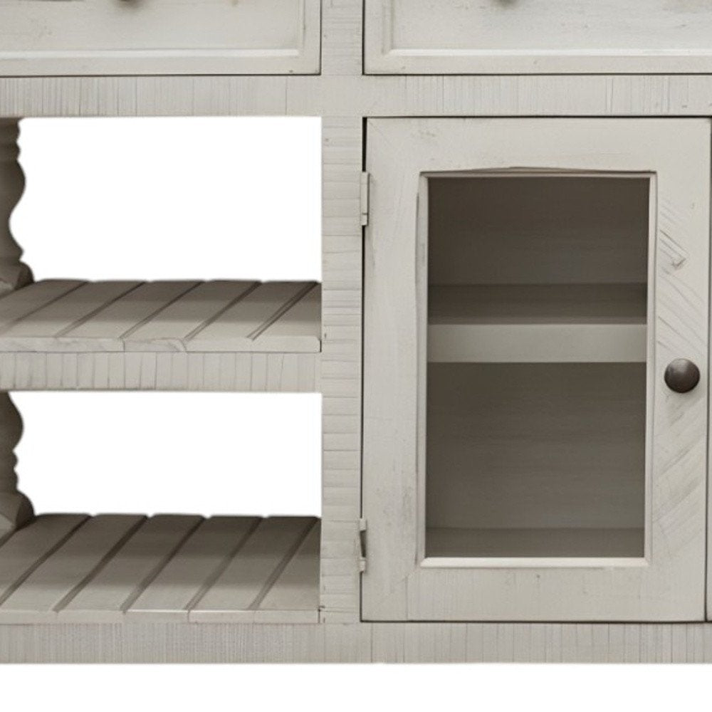 60" Ivory and Weathered Gray Solid Wood TV Console with Open Shelving and Artisan Finish