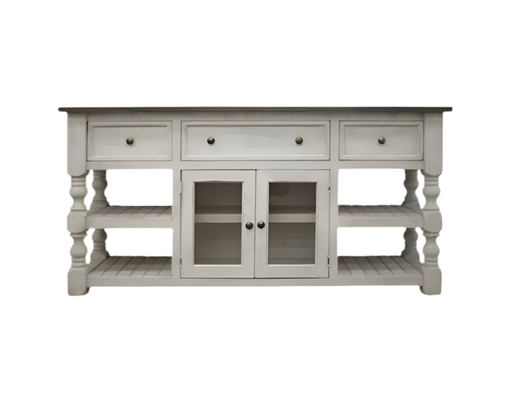 60" Ivory and Weathered Gray Solid Wood TV Console with Open Shelving and Artisan Finish