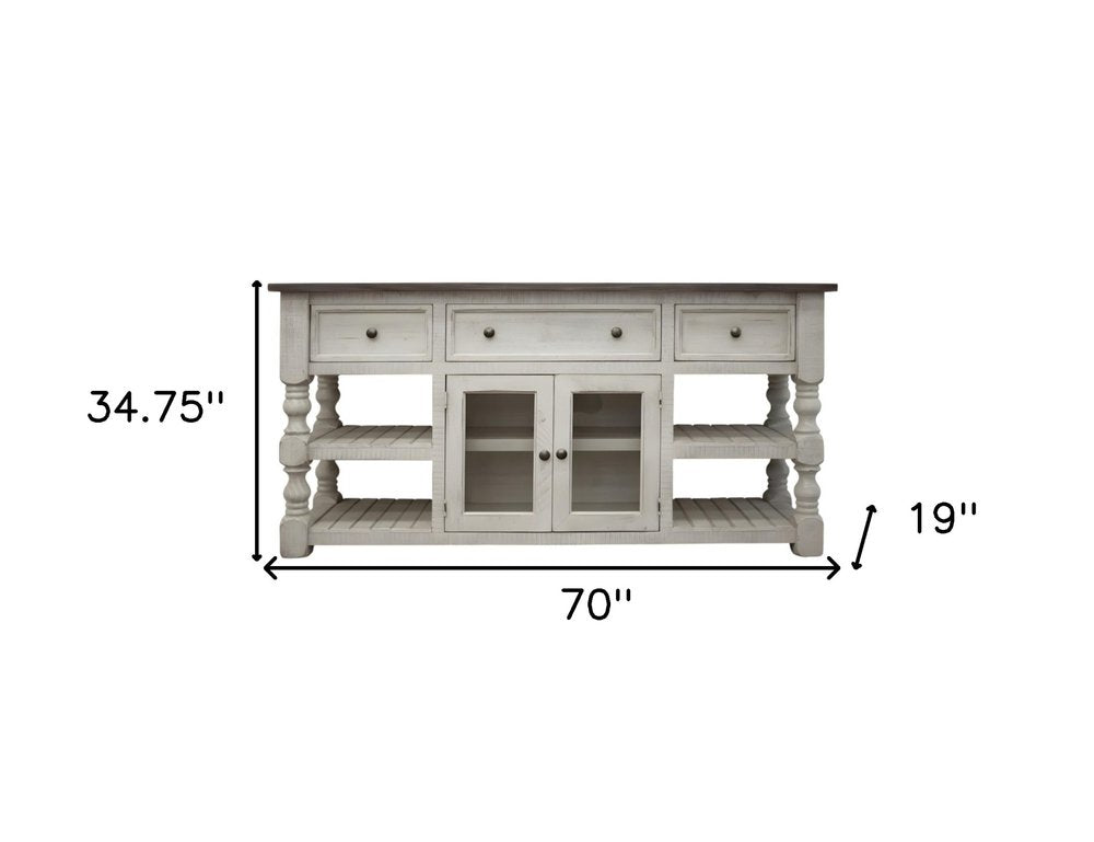 70" Ivory and Weathered Gray Solid Pine TV Console with Open Shelving and Hand-Applied Finish