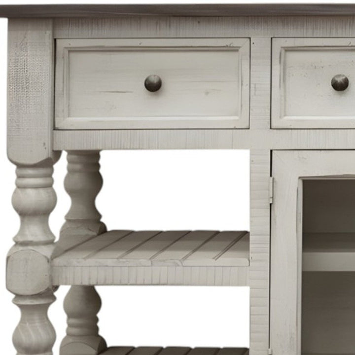 70" Ivory and Weathered Gray Solid Pine TV Console with Open Shelving and Hand-Applied Finish