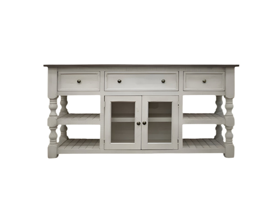 70" Ivory and Weathered Gray Solid Pine TV Console with Open Shelving and Hand-Applied Finish