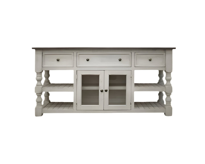 70" Ivory and Weathered Gray Solid Pine TV Console with Open Shelving and Hand-Applied Finish