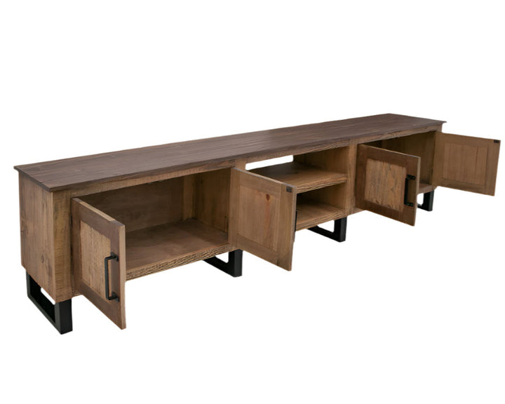 93" Hand-Finished Brown Solid Pine TV Console with Enclosed Storage and Iron Base