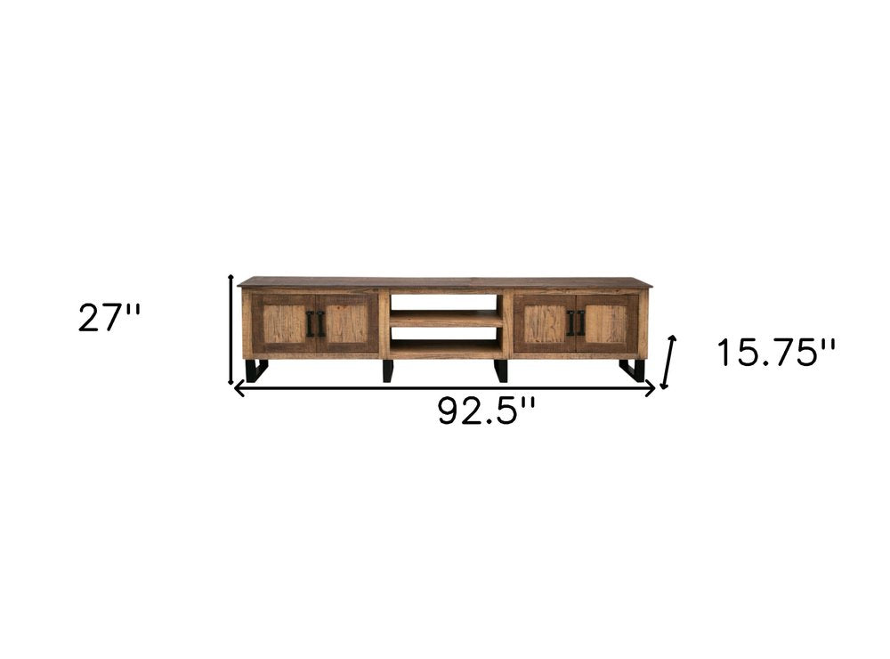 93" Hand-Finished Brown Solid Pine TV Console with Enclosed Storage and Iron Base