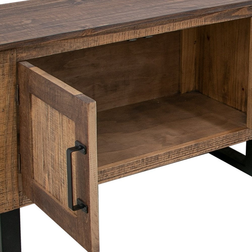 93" Hand-Finished Brown Solid Pine TV Console with Enclosed Storage and Iron Base