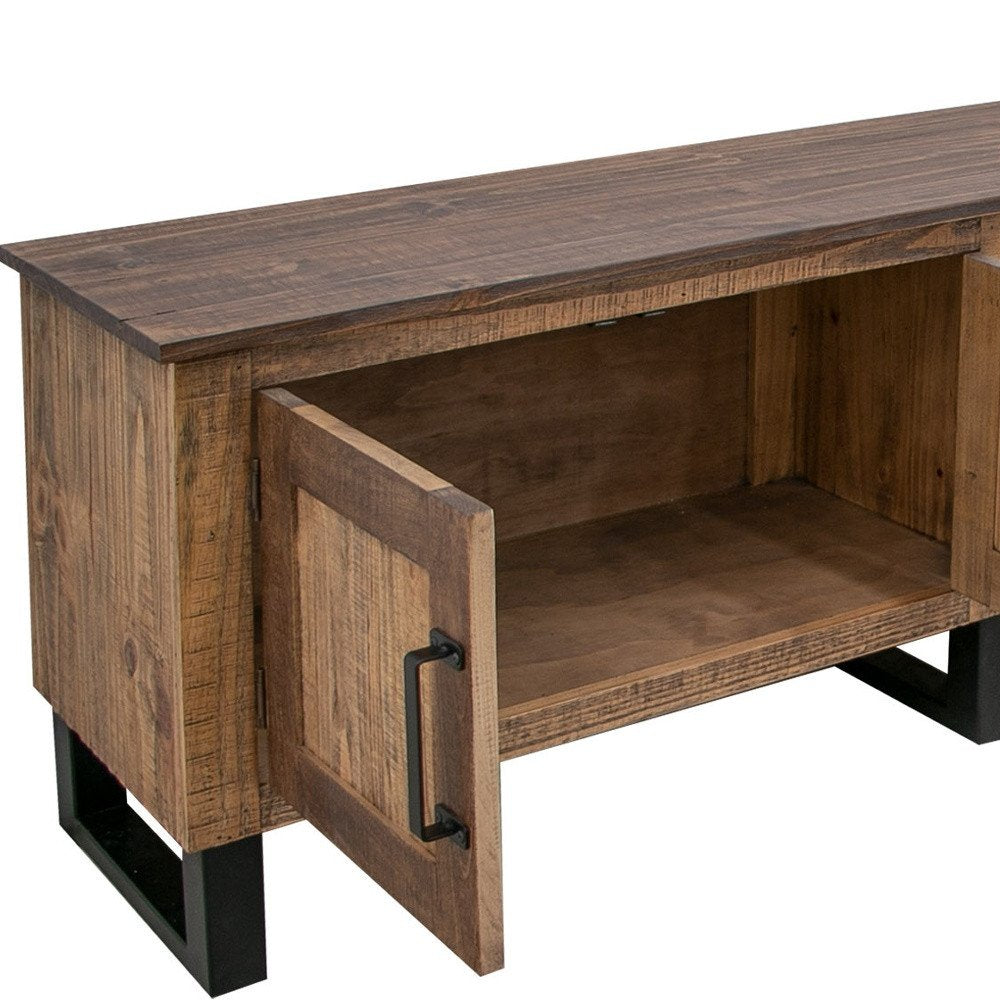 93" Hand-Finished Brown Solid Pine TV Console with Enclosed Storage and Iron Base