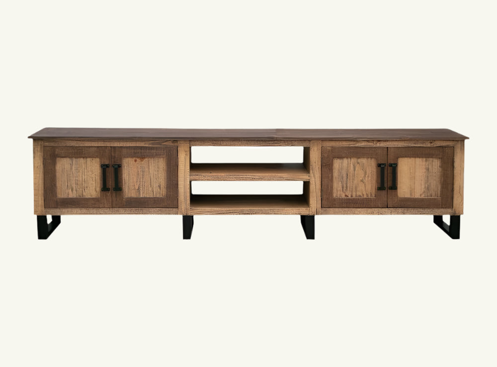 93" Hand-Finished Brown Solid Pine TV Console with Enclosed Storage and Iron Base