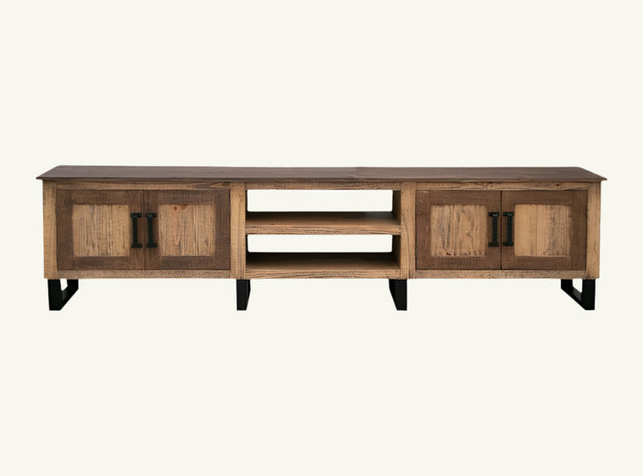 93" Hand-Finished Brown Solid Pine TV Console with Enclosed Storage and Iron Base