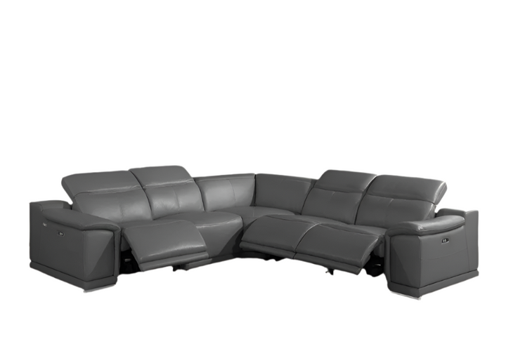 Sorrento Gray Italian Leather 5-Piece Power Reclining U-Shaped Sectional with Console