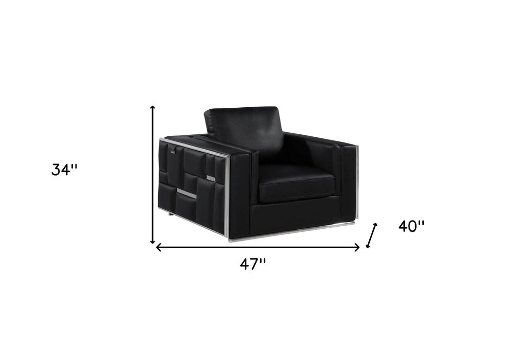 Sorrento 47" Black Top Grain Leather Club Chair with Silver Accents