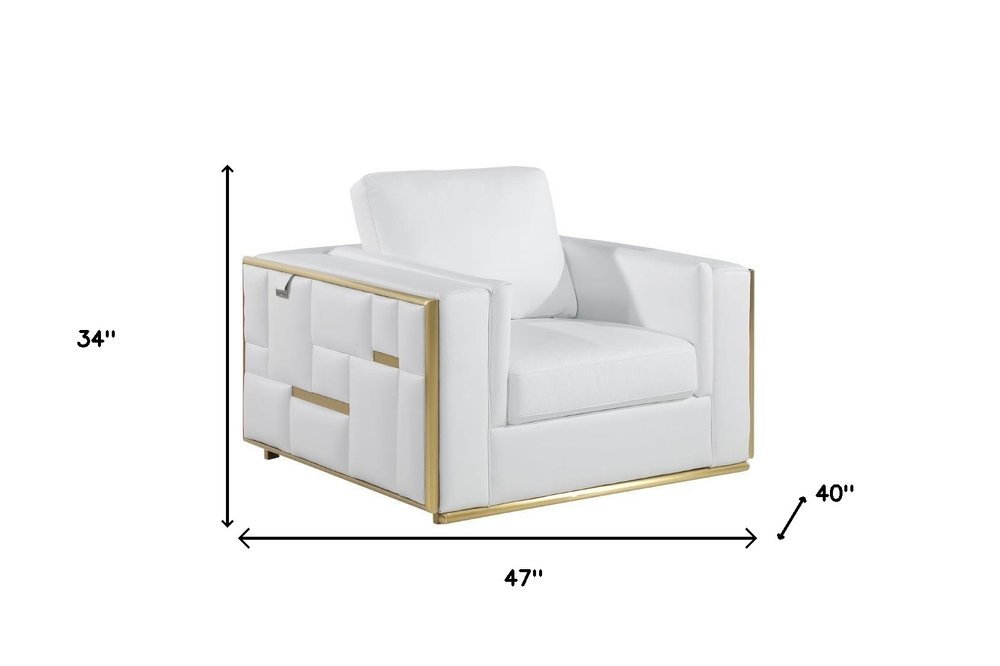 Valenza 47" White Top Grain Leather Club Chair with Gold Accents