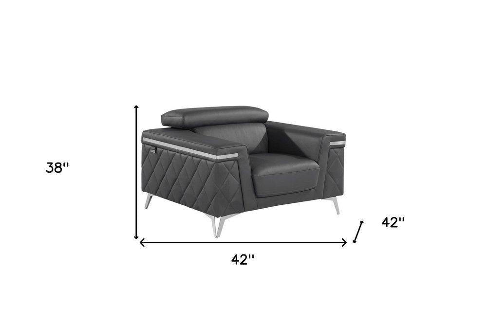 Milano 42" Gray Top Grain Leather Club Chair with Silver Accents