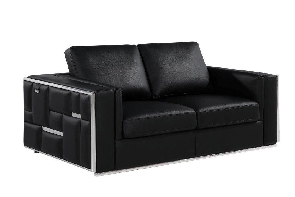 Marcelle 73" Black Leather Loveseat with Silver Legs
