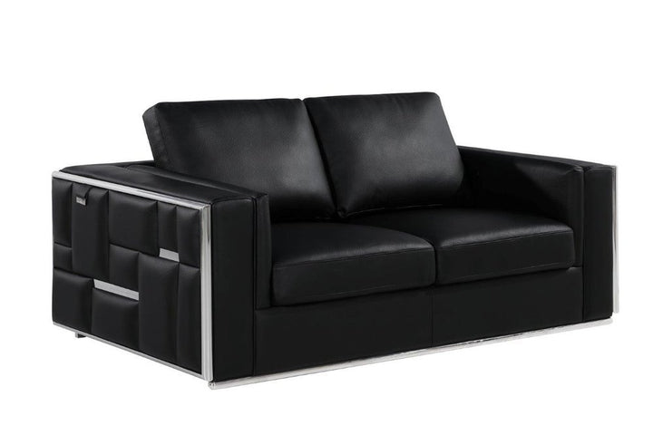 Marcelle 73" Black Leather Loveseat with Silver Legs