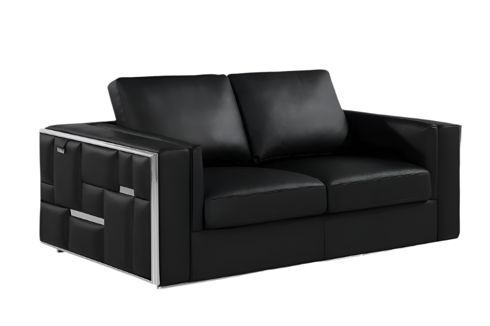 Marcelle 73" Black Leather Loveseat with Silver Legs