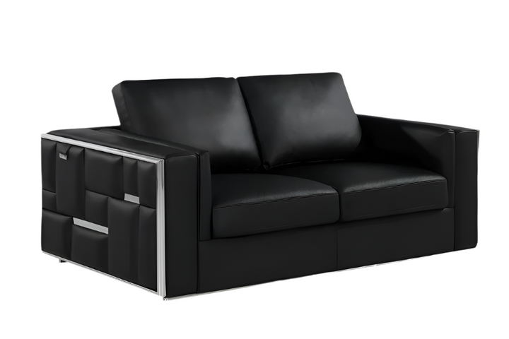 Marcelle 73" Black Leather Loveseat with Silver Legs